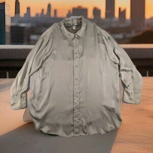 H&M Women's Blouse Collard Faux Satin Button Down Beige Size XL